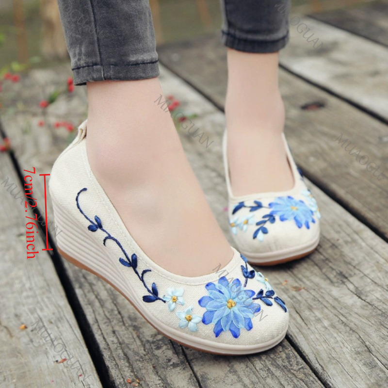 Vintage Fashion Female - Geborduurde dames comfort wedge platform schoenen