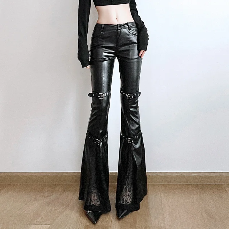 Vintage Fashion Aesthetic - Dames PU lederen flare broek, gotische